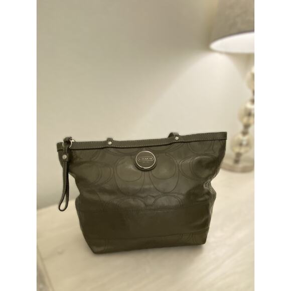 Coach Handbags - COACH Signature Stripe Stitch Patent Leather Tote Metallic Gunmetal Green